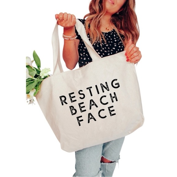 NWT Large Canvas Tote Bag “Resting Beach Face” - Picture 2 of 2